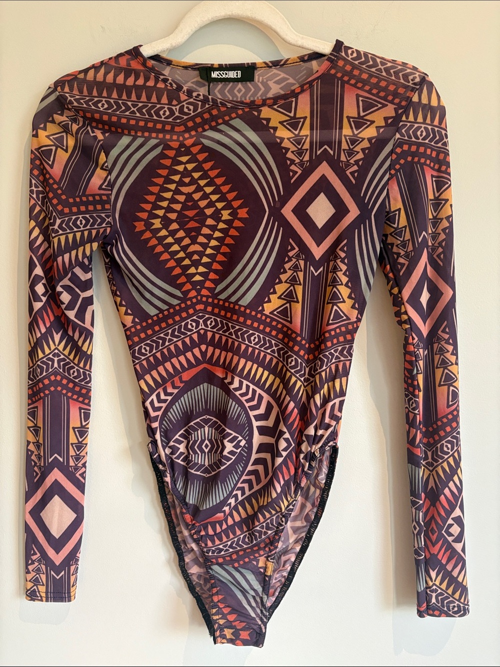 Missguided Purple Pink Orange Geometric Long-Sleeve Bodysuit
